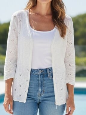 Papillon Blanc - White Floral Embroidered Jacket, 3/4 Sleeve, Full Zipper,...